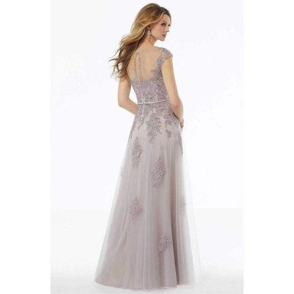 NEW MGNY by Mori Lee Beaded Lace Illusion Neck A-Line Maxi Dress Gown in Dusty L - Picture 12 of 12